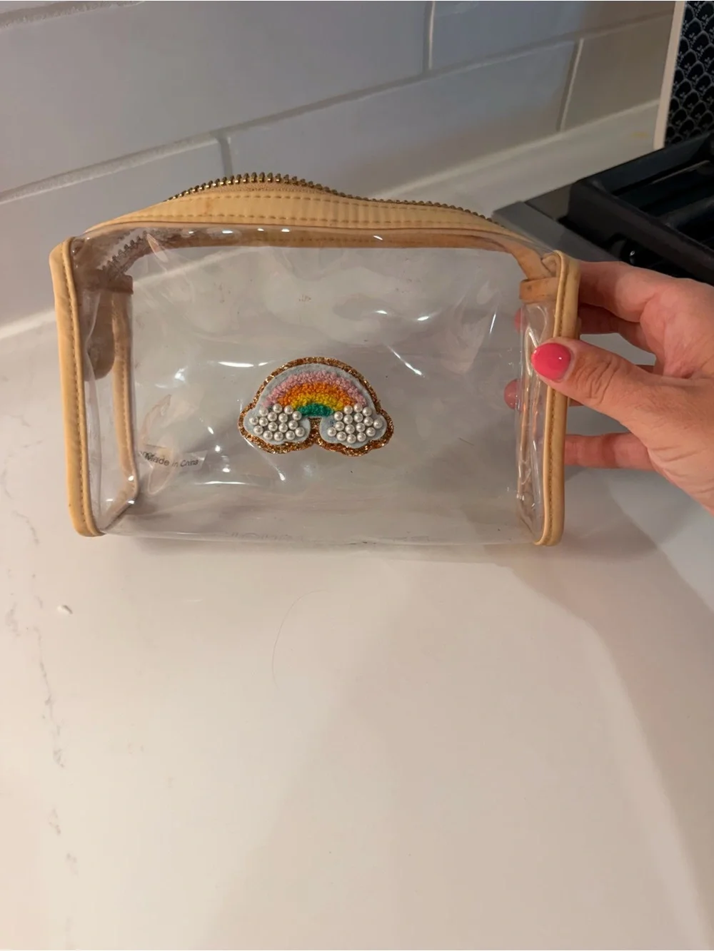 Stoney Clover Lane Clear Cosmetic Pouch with Beige Trim and Rainbow Patch